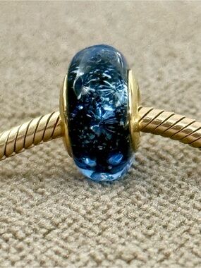 Wavy Blue Murano Glass Charm with Gold core fit Pandora bracelets
